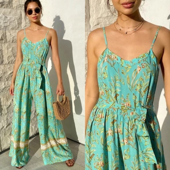 Boho mint floral print belted wide leg jumpsuit - Picture 3 of 3